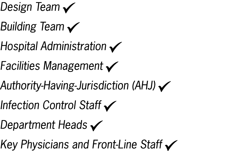 Design Team  Building Team  Hospital Administration  Facilities Management  Authority-Having-Jurisdiction (AHJ)  Infe   